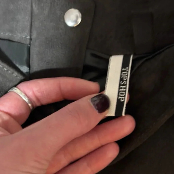 Topshop Dark Olive Suede High Waist Silver Zip Closure/Pocket Detail Mini Skirt - Picture 9 of 16